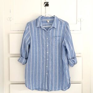 L.L.Bean 100% Linen Blue White Striped Button Down Shirt Large